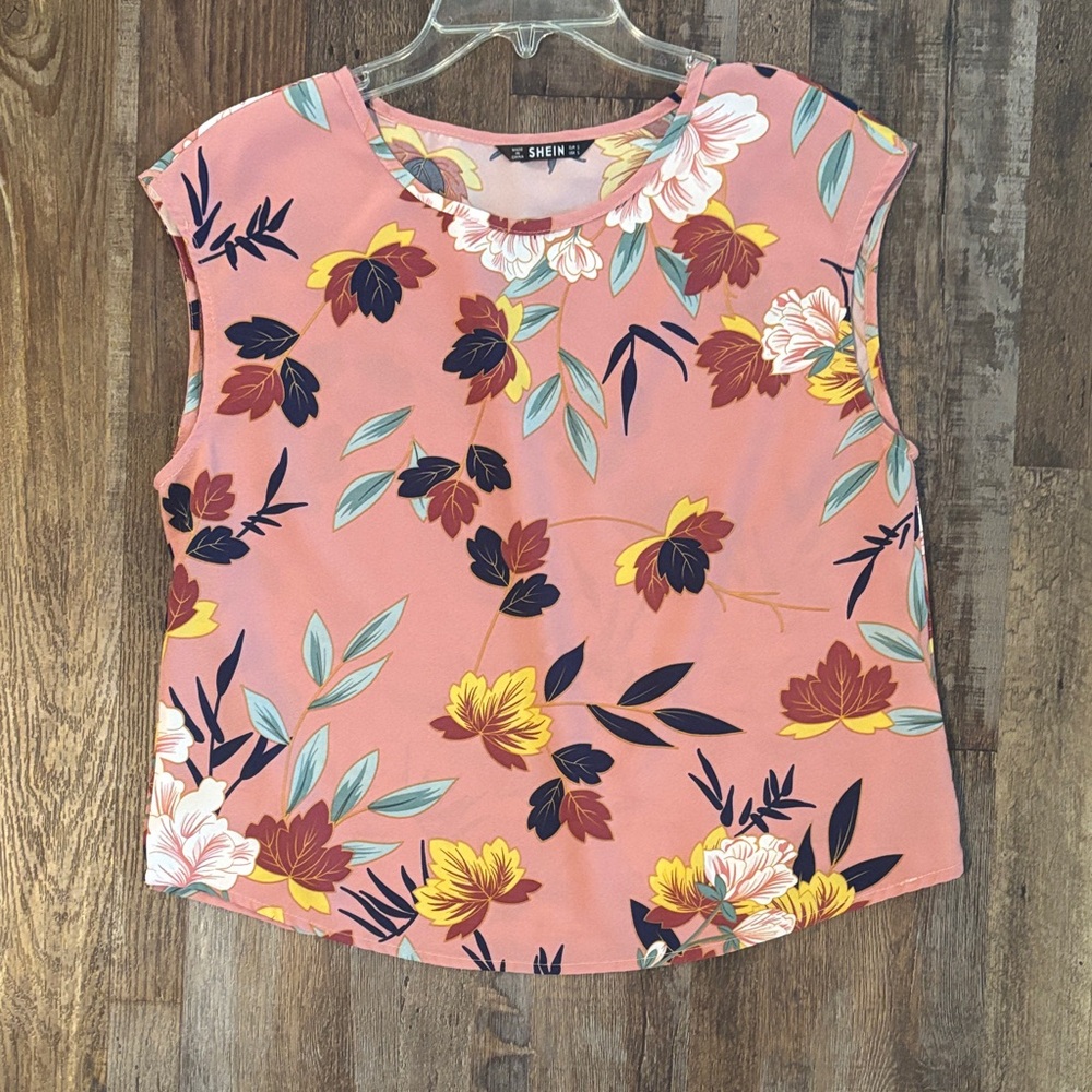 SHEIN Coral Pink Floral Cap-Sleeve Top